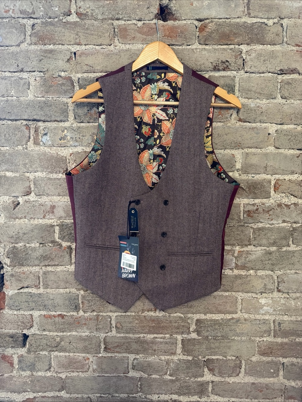 Herringbone Wool-Blend Vest with Floral Lining - Size 38R